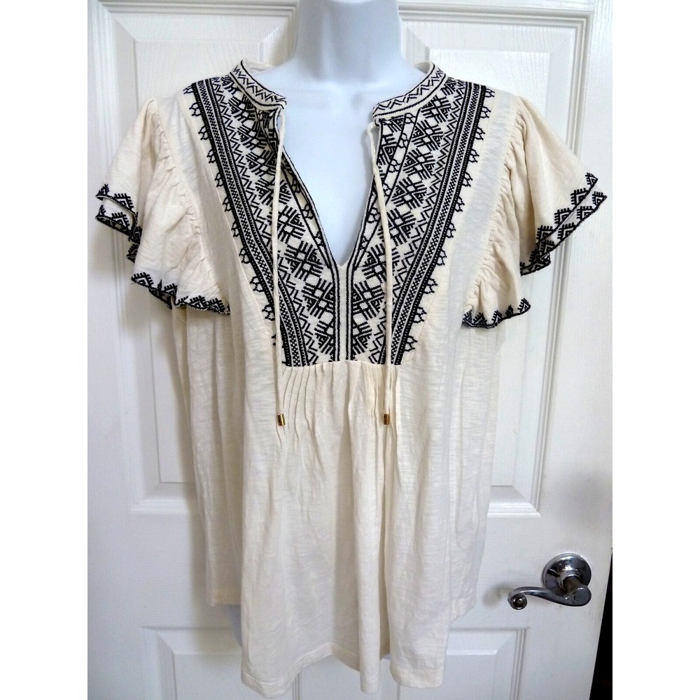 Lauren Ralph Lauren Large Boho Ruffled Cap Sleeve Embroidered Cotton Blouse L